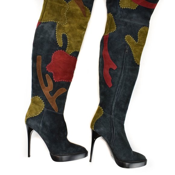 BURBERRY Prorsum: Navy Blue, Patchwork "Allison" Over The Knee Boots - Picture 2 of 10